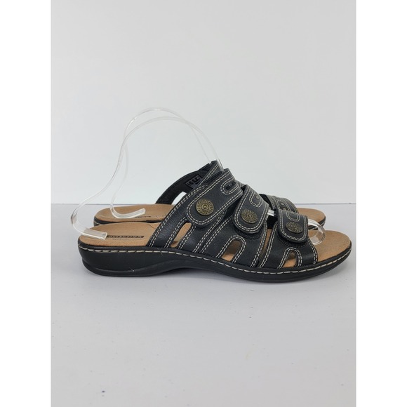 Clarks Shoes - Clarks Slide Sandals Women's 9.5 Black Leather Adjustable Cushion Soft